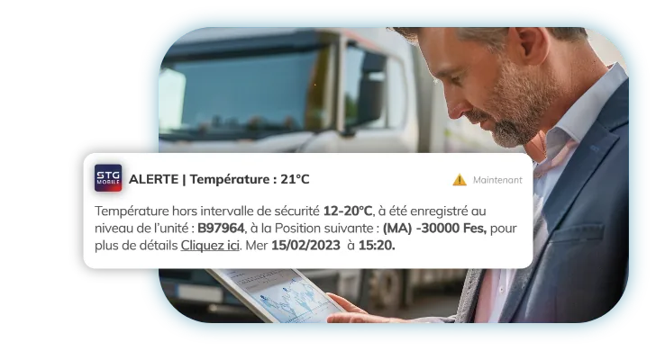 Alerte de température envoyée par la plateforme STG Telematics à un gestionnaire de flotte